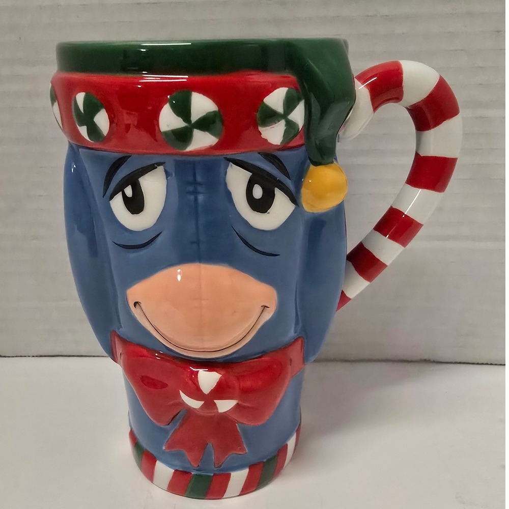 Vintage 1990's Store Eeyore Christmas Coffee Mug Candy Cane Handle Sculpted